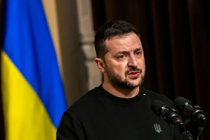 Ukrainian President Volodymyr Zelensky speaks t the media in Washington on Tuesday. Photo by Julia Nikhinson/UPI