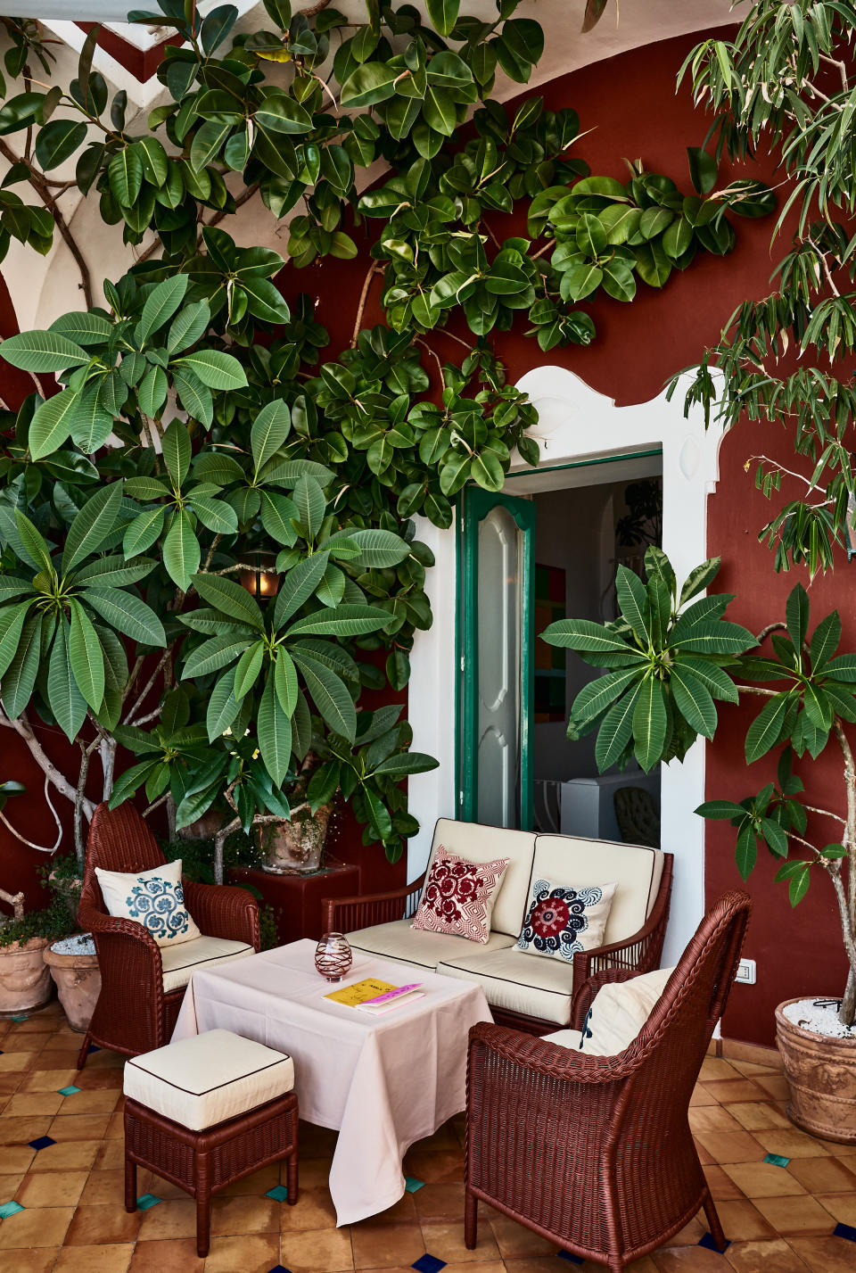 A living room with terracotta red walls and a thick, lush trees