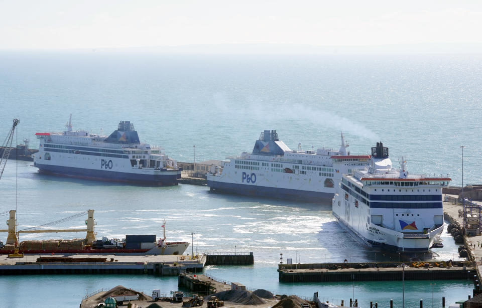 P&O ferries moor up in the cruise terminal at the Port of Dover in Kent as the company has suspended sailings ahead of a 
