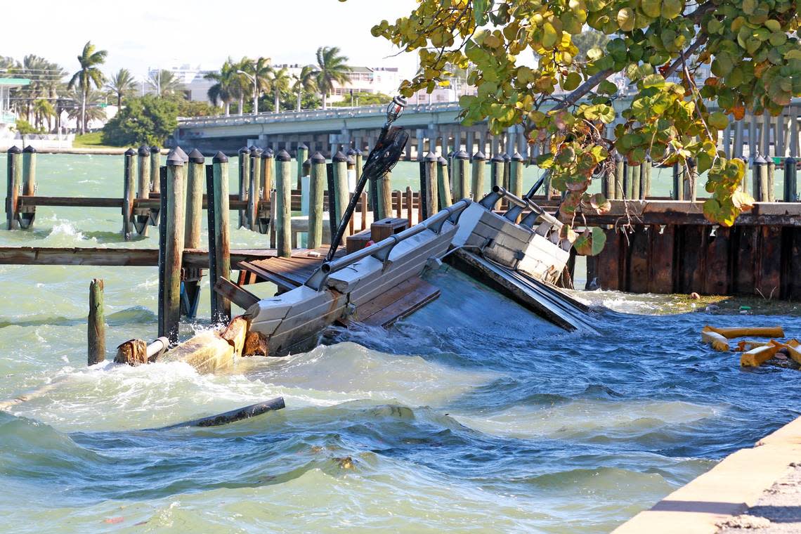 Debris field behind Shuckers restaurant on the 79th street causeway, Miami, January 16, 2014. The deck behind the restaurant collasped last year while patrons watched a Heat game during the NBA Finals.