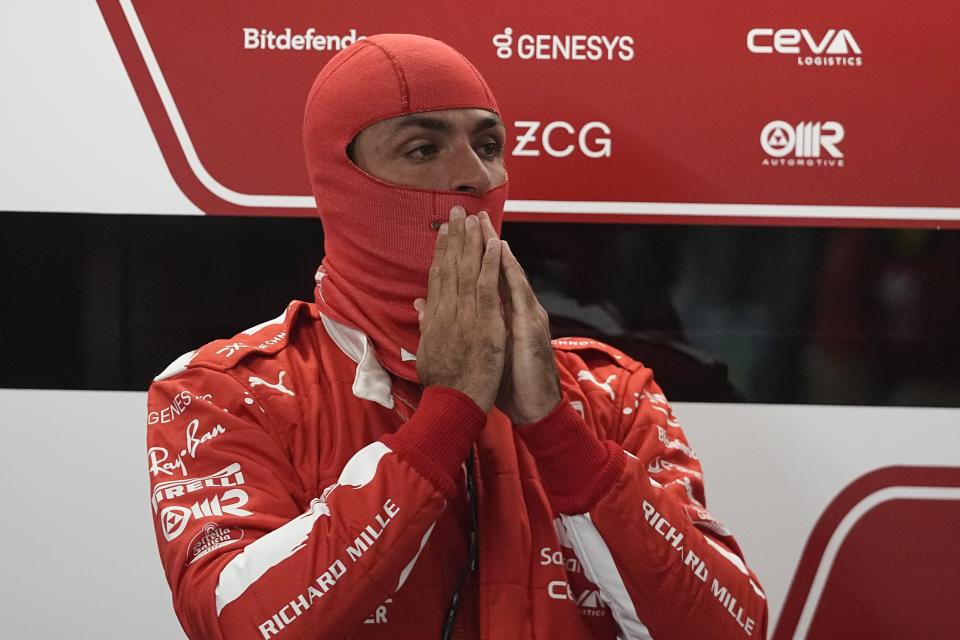 Ferrari driver Carlos Sainz, of Spain, prepares to drive during the final practice session for the Formula One Las Vegas Grand Prix auto race, Friday, Nov. 17, 2023, in Las Vegas. (AP Photo/Darron Cummings)