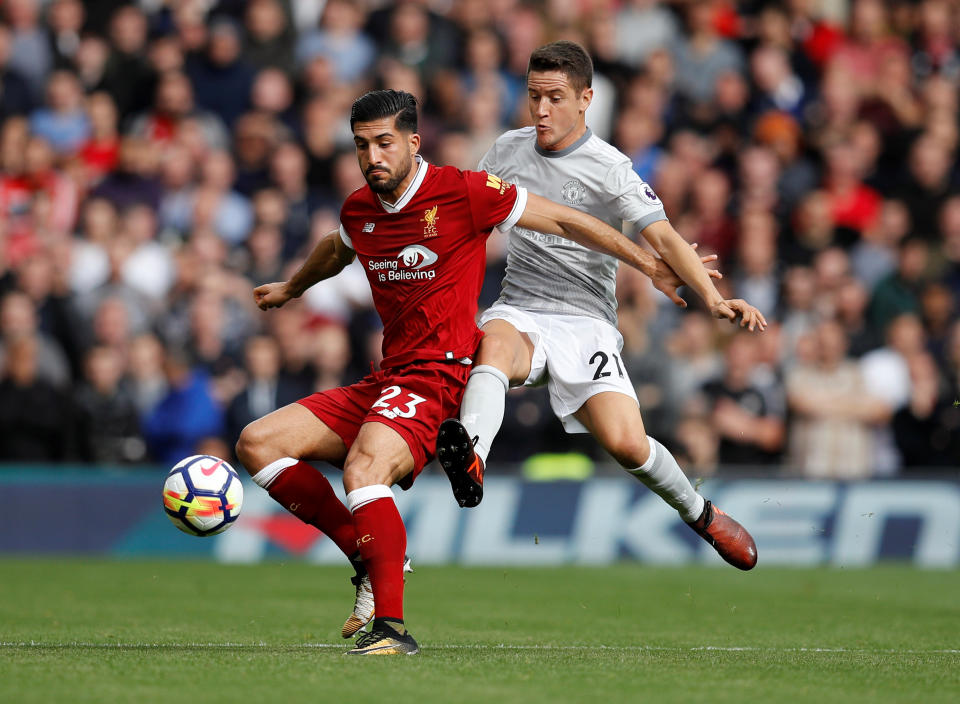 <p>Emre Can gets the better Manchester United’s Ander Herrera</p>
