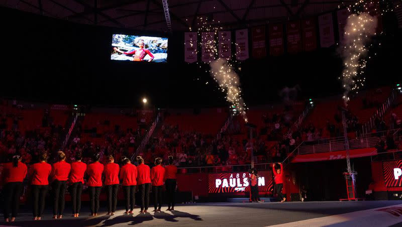 Members of the University of Utah gymnastics team are welcomed to the floor during the Red Rocks Preview at the Jon M. Huntsman Center in Salt Lake City on Friday, Dec. 15, 2023.