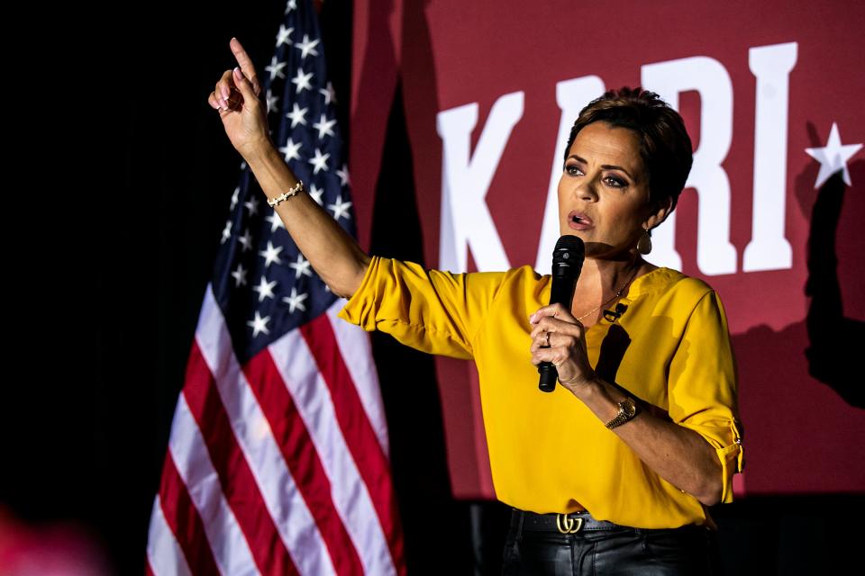 Kari Lake, who is running for the U.S. Senate in Arizona, campaigned for former President Donald Trump in Iowa.