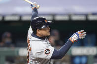 Detroit Tigers' Miguel Cabrera watches his two-run home run during the fifth inning of a baseball game against the Kansas City Royals, Thursday, Sept. 24, 2020, in Kansas City, Mo. (AP Photo/Charlie Riedel)