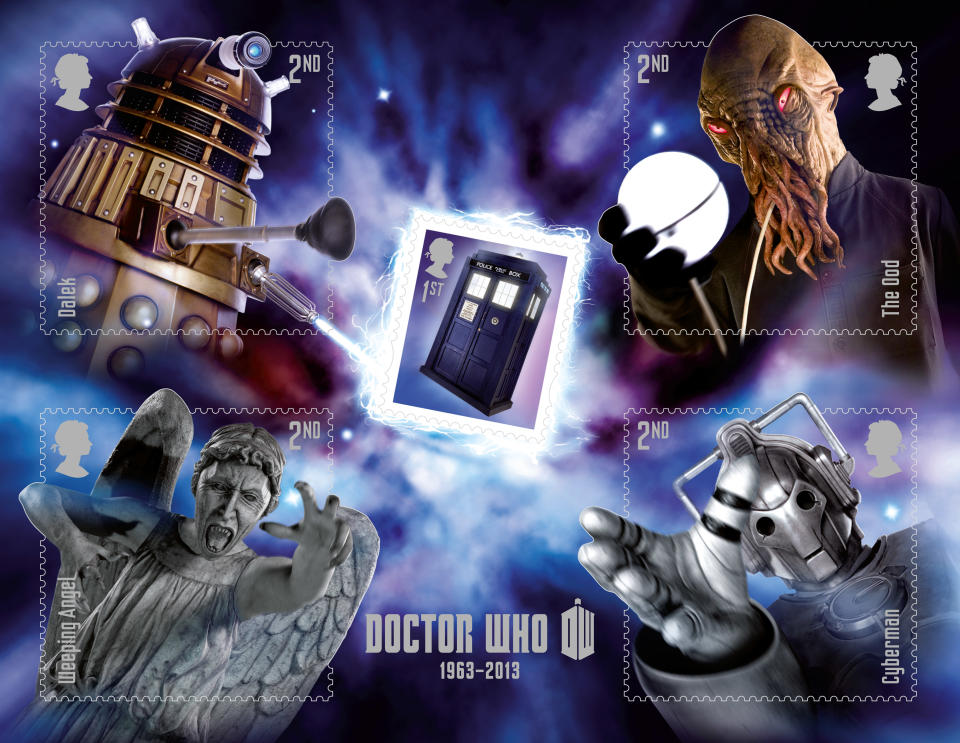 The TARDIS and the Doctor's famous enemies are featured (Royal Mail)