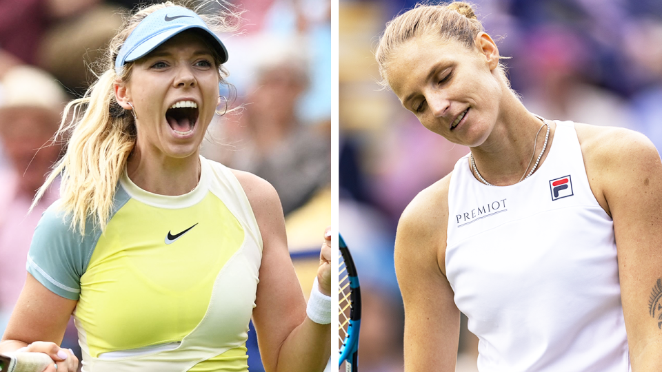 British tennis star Katie Boulter (pictured left) cheering and (pictured right) Karolina Pliskova looking dejected.