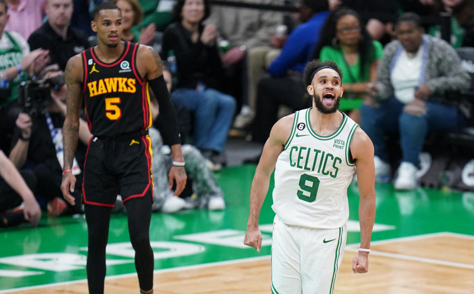 Boston Celtics guard Derrick White (9) reacts after his basket against the Atlanta Hawks in the fourth quarter during Game 2 of their first-round playoff series. (David Butler II/USA Today Sports)