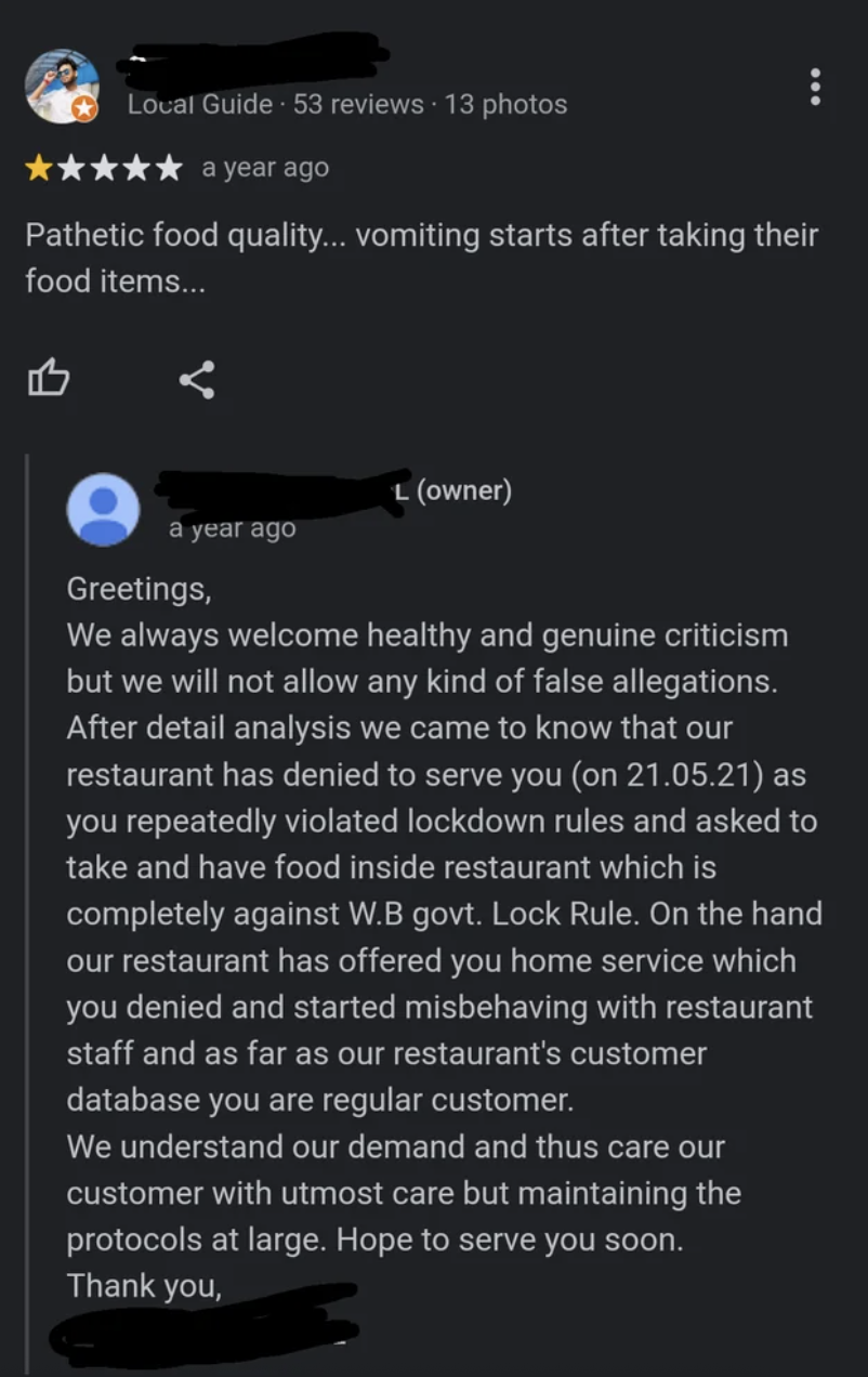 A smartphone screenshot showing a 1-star review complaining about photos of food, and the restaurant's detailed, polite response addressing concerns