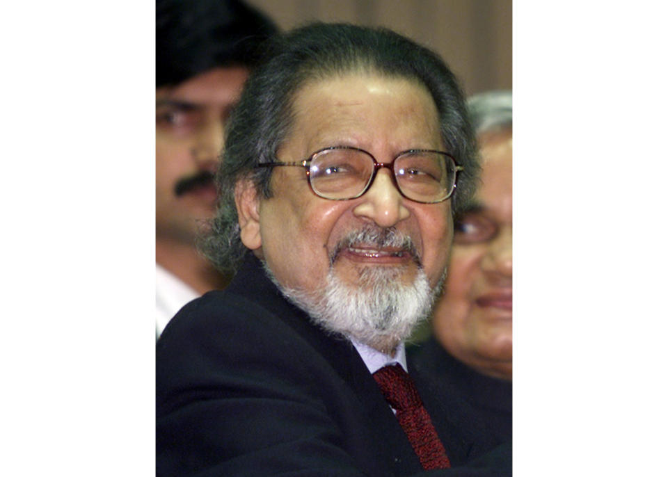 FILE - In this Feb. 18, 2002 file photo Nobel laureate V.S. Naipaul attends an International Festival of Indian Literature in New Delhi, India. The family of the Trinidad-born British author says the Nobel Literature laureate has died at the age of 85. The family said in a statement late Saturday, Aug. 11, 2018, that the novelist had died at his London home. (AP Photo/John McConnico, File)
