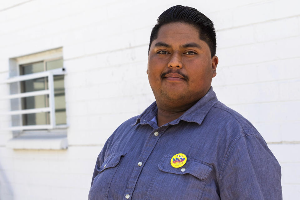 Alberto Rodriguez, 24, poses for a photo outside the Culinary Union on Wednesday, July 26, 2023, in Las Vegas. Joe Biden, America's oldest president, will need the support of young voters as he seeks reelection in 2024. Voters like Rodriguez were a key piece of Biden’s winning 2020 coalition, which included majorities of young people as well as college graduates, women, urban and suburban voters and Black Americans. Maintaining their support will be critical in closely contested states such as Nevada, where even small declines could prove consequential to Biden's reelection bid. (AP Photo/Ty ONeil)