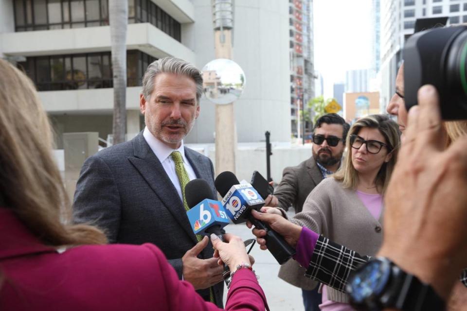 Attorney Jeff Gutchess, who represents the Little Havana businessmen who successfully sued Miami Commissioner Joe Carollo, talks to reporters outside the federal courthouse in downtown Miami on March 1, 2024.