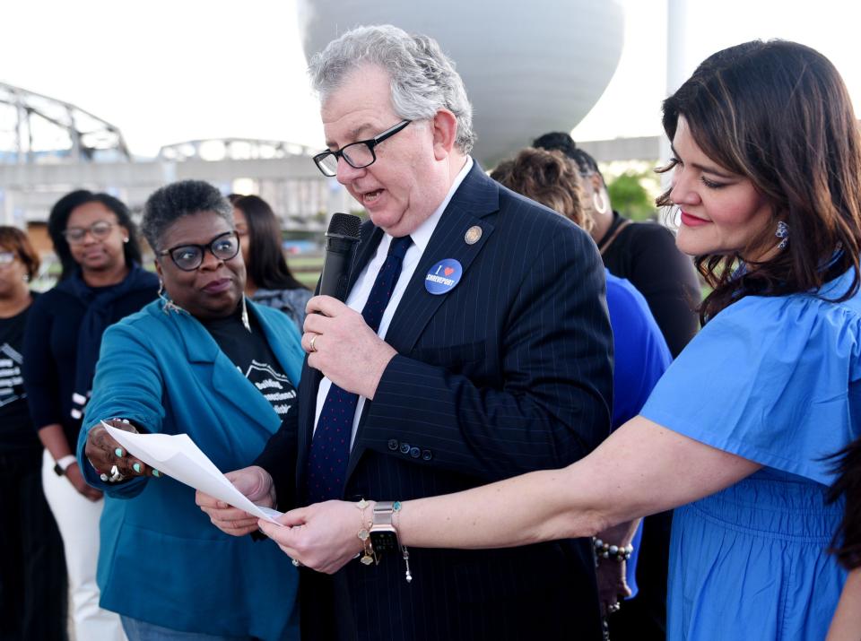 Shreveport Mayor Tom Arceneaux speaks during the Bakowski Bridge lighting with teal and navy event to kickoff Sexual Assault Awareness Month and Child Abuse Prevention Month event Wednesday evening, April 3, 2024.