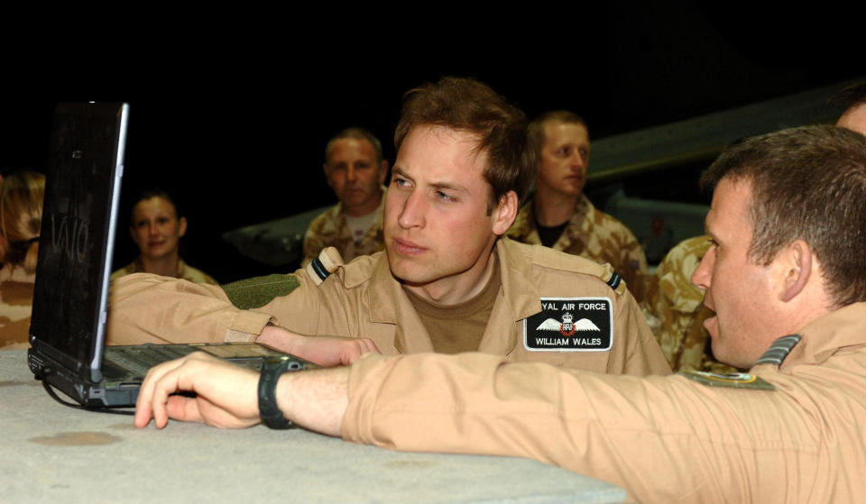 <p>Prince William (Flying Officer Wales) visiting Kandahar Airfield, Afghanistan, in April 2008. He flew for the RAF and the Navy before taking a job after he was married with the air ambulance. (MOD)</p> 