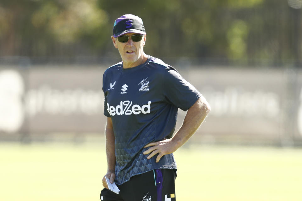 Pictured here, Melbourne Storm coach Craig Bellamy watches on during a training session.