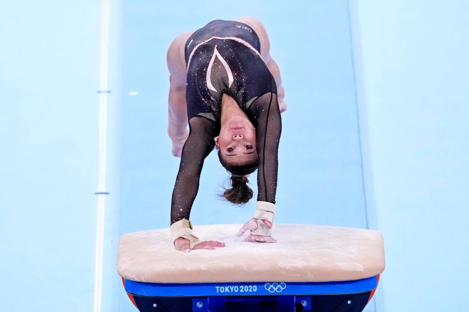 Sunisa Lee practices on the vault on July 22, 2021, during podium training ahead of the Tokyo Olympics at Ariake Gymnastics Centre in Tokyo, Japan.