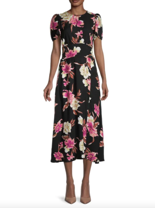 model in black, pink and white floral dress, AFRM Puff-Sleeved A-Line Rayon Dress (Photo via Saks Off Fifth)