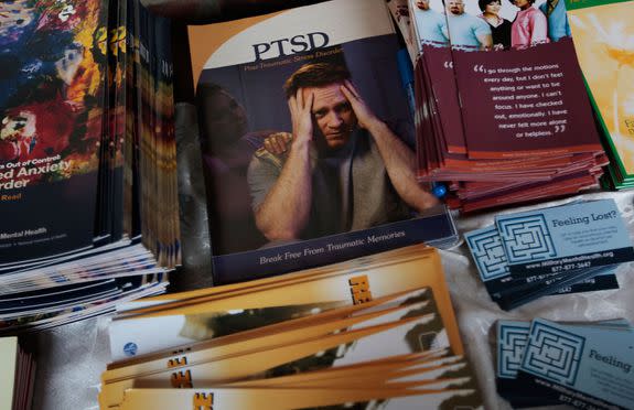 Pamphlets about PTSD are seen on a table at Fort Hamilton Army Garrison in Brooklyn, New York, 2009.