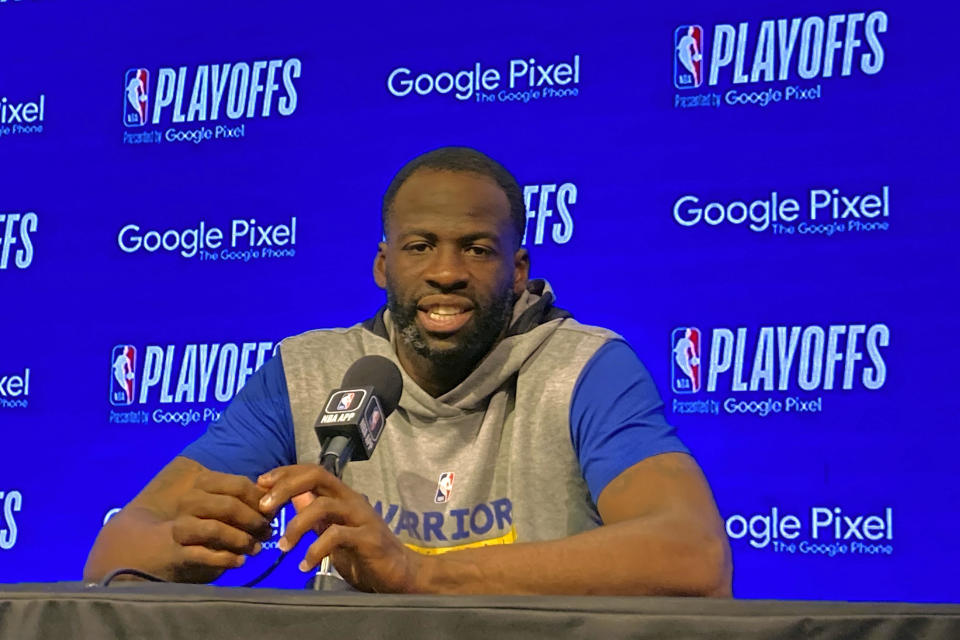 Golden State Warriors' Draymond Green speaks during an NBA basketball press conference, Saturday, April 22, 2023, in San Francisco. Green was suspended for one game without pay for stepping on the chest of Sacramento’s Domantas Sabonis in Game 2 of the Warriors’ NBA basketball first-round playoff series. Green is expected to return in Game 4 Sunday. (AP Photo/Janie McCauley)