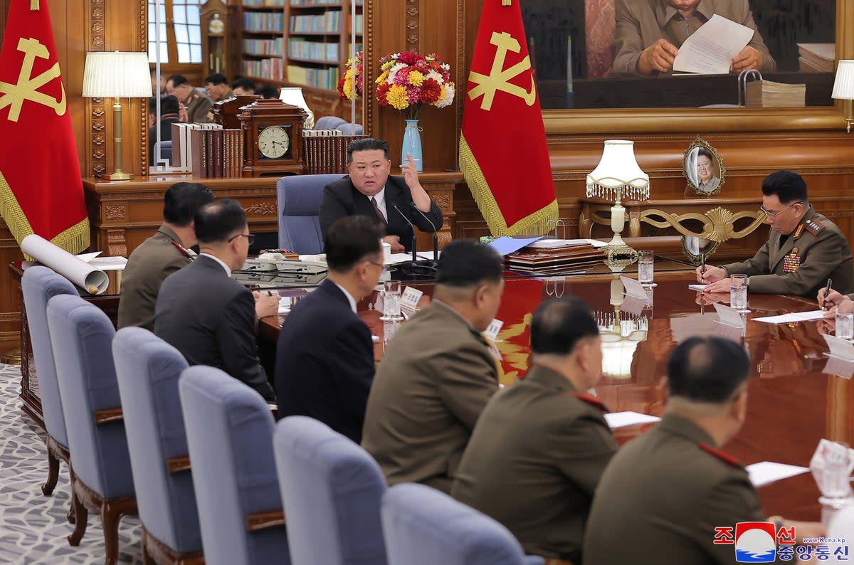 North Korean leader Kim Jong Un (centre) attending the 7th enlarged meeting of the Central Military Commission of the Workers' Party of Korea (WPK) in Pyongyang, North Korea, 09 August 2023 (EPA)