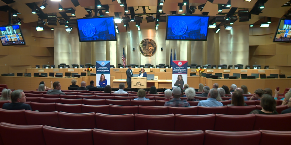 <em>On Wednesday, city leaders, including Las Vegas City Councilwoman Victoria Seaman and Las Vegas Mayor Carolyn Goodman met with members of the Jewish community to mark Jewish American Heritage Month. (KLAS)</em>