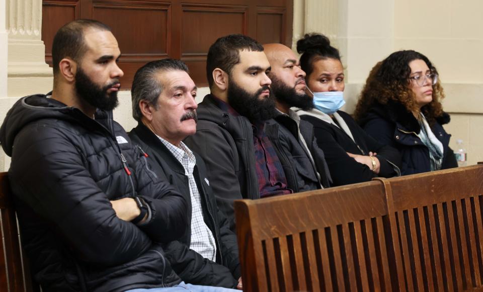 Family and friends of Jackie Mendes of Fall River are in court for her jury trial in Brockton Superior Court on Monday, Dec. 4, 2023. Mendes is charged with fatally stabbing Jennifer Landry of Brockton during an alleged road rage incident in Brockton on June 28, 2019.