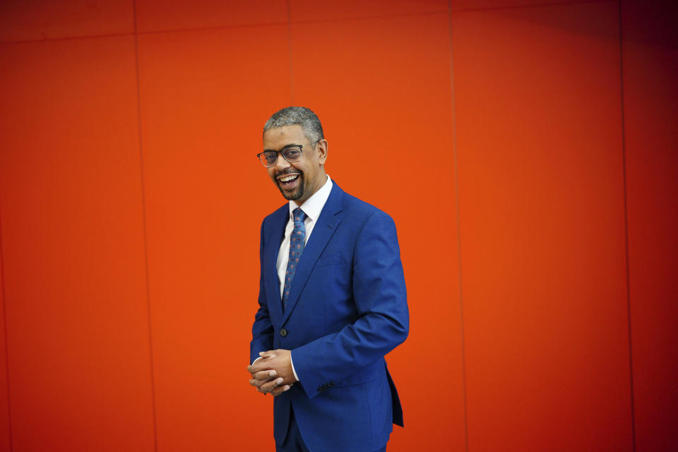 Vaughan Gething poses for a photo, in a lecture hall at Cardiff University, after being elected as the next Welsh Labour leader and First Minister of Wales, in Cardiff, Saturday, March 16, 2024. Gething has won the Welsh Labour Party leadership contest and is set to become the first Black leader of Wales’ semi-autonomous government. Gething, who is currently Welsh economy minister, beat Education Minister Jeremy Miles in a race to replace First Minister Mark Drakeford. (Ben Birchall/PA via AP)