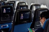 A view of the Economy cabin at the Singapore Airlines' media preview of their new Boeing 737-8 cabin products, at Changi Airport in Singapore