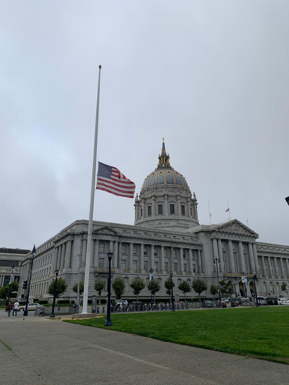An American flag flies at half-staff in front of San Francisco City Hall on Friday, Sept. 29, 2023, to honor Sen. Dianne Feinstein. Feinstein, who served on San Francisco's Board of Supervisors from 1970 to 1978 and as the city's mayor from 1978 to 1988, died Friday.
(Credit: Elizabeth Weise)