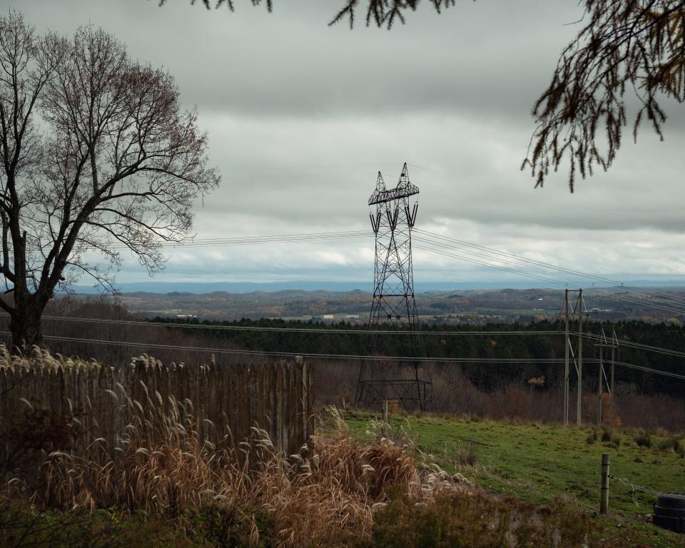 A view of the transmission lines that border the fields along Ben Simons' Starr Hill property in Remsen, NY.