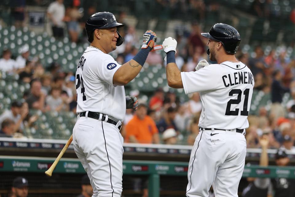 Tigers second baseman Kody Clemens celebrates scoring a run with designated hitter Miguel Cabrera while playing the White Sox in the second inning on Monday, June 13, 2022, at Comerica Park.