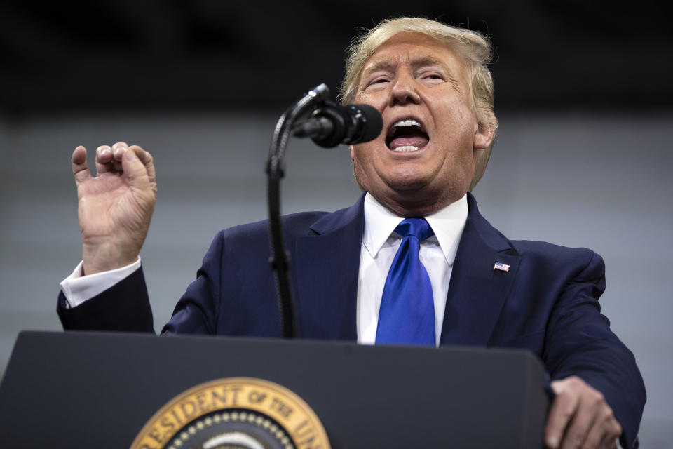 President Donald Trump speaks during a campaign rally at UW-Milwaukee Panther Arena, Tuesday, Jan. 14, 2020, in Milwaukee. (AP Photo/ Evan Vucci)