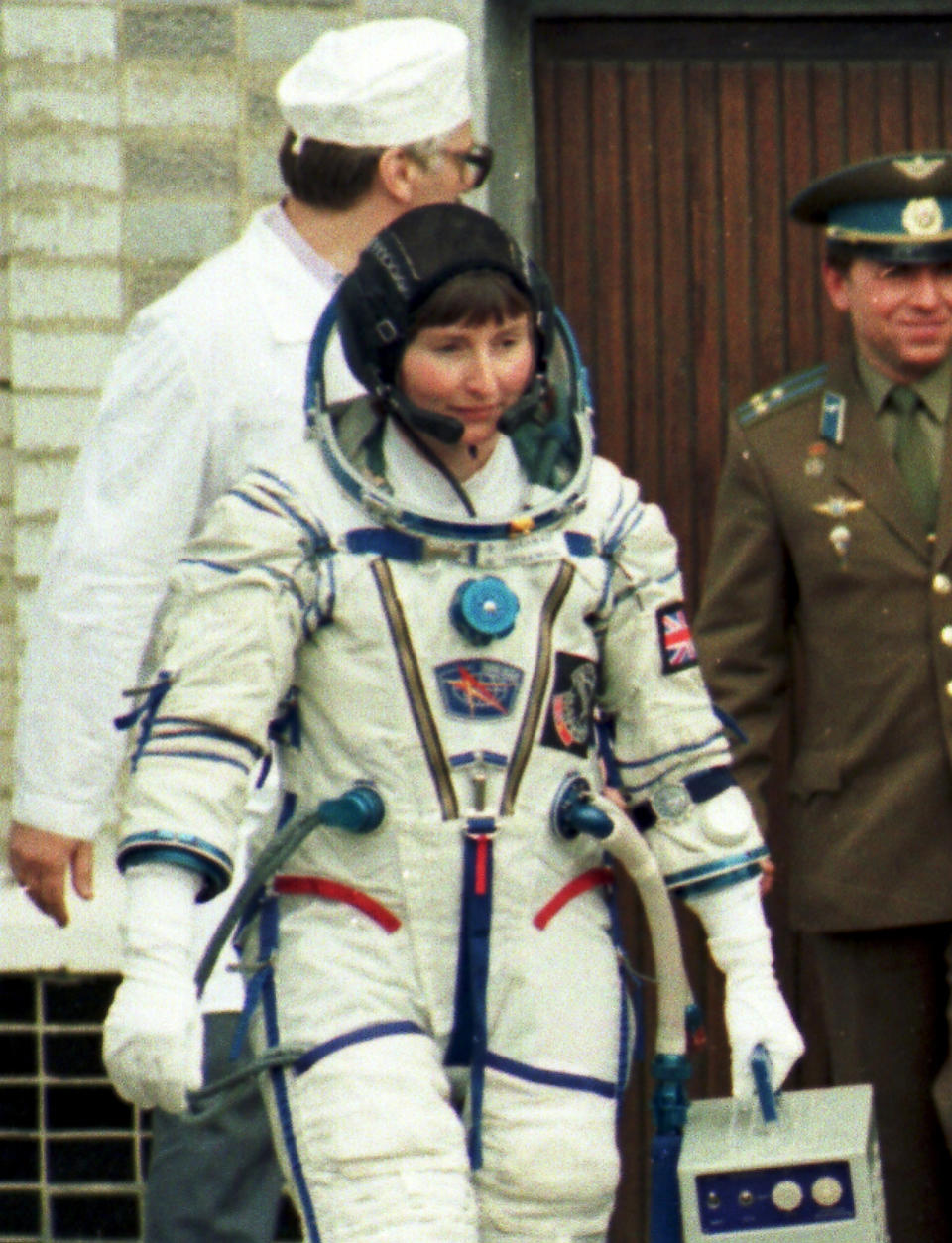 Britain’s cosmonaut Helen Sharman walks towards the spaceship, Soyuz TM-12, prior to blast off on May 18, 1991, at the Cosmodrome, Baikonur, Russia. The other crew members were Russian flight engineer Sergei Krikalev and Russian Commander Anatoly Artsebarski. (Photo: AP Photo)