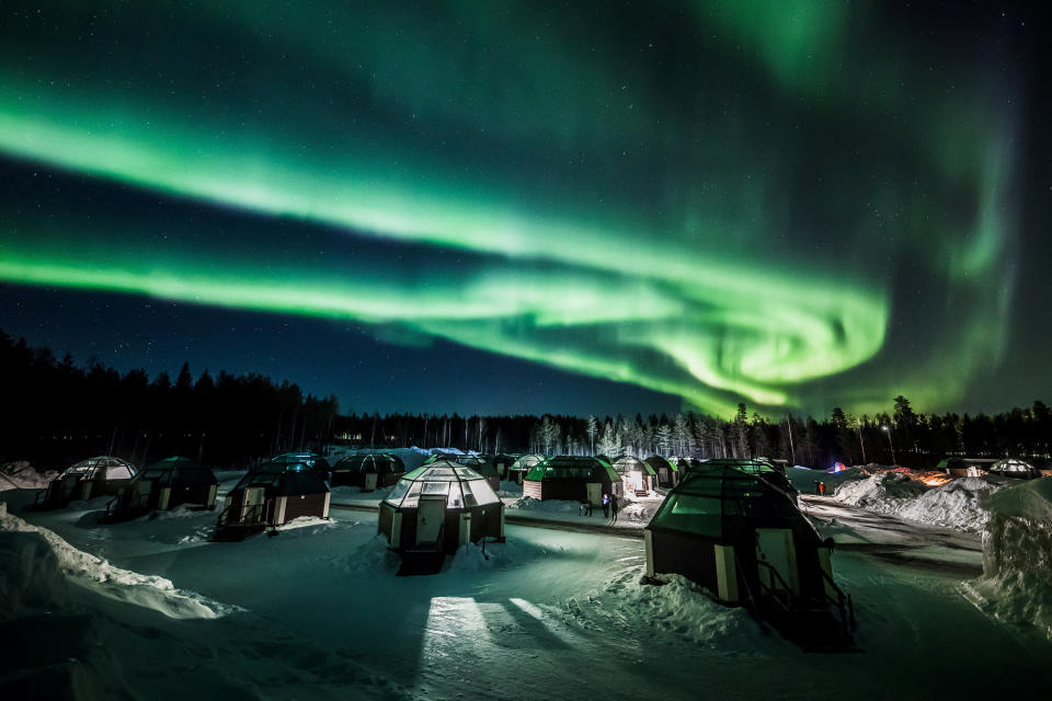 The Aurora Borealis (Northern Lights) is seen in the sky over Arctic Snowhotel in Rovaniemi, Finland February 28, 2019.&nbsp;