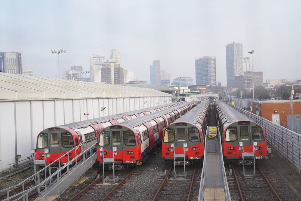 Jubilee line trains parked at the London Underground Stratford Market Depot in Stratford, east London (Stefan Rousseau/PA) (PA Wire)