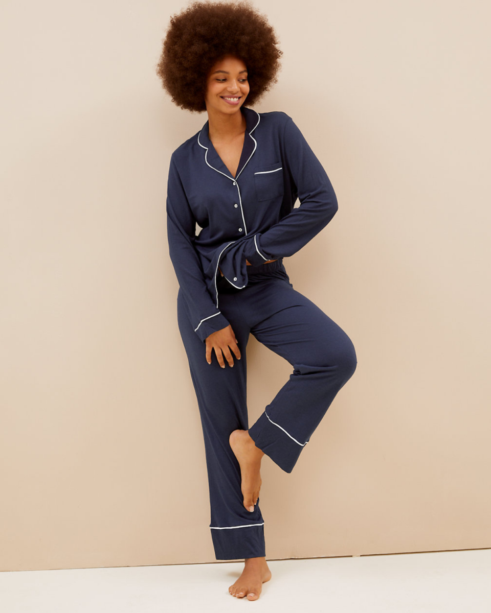 Model wearing the Cotton Modal Rever Collar Pyjama Set from Marks and Spencer