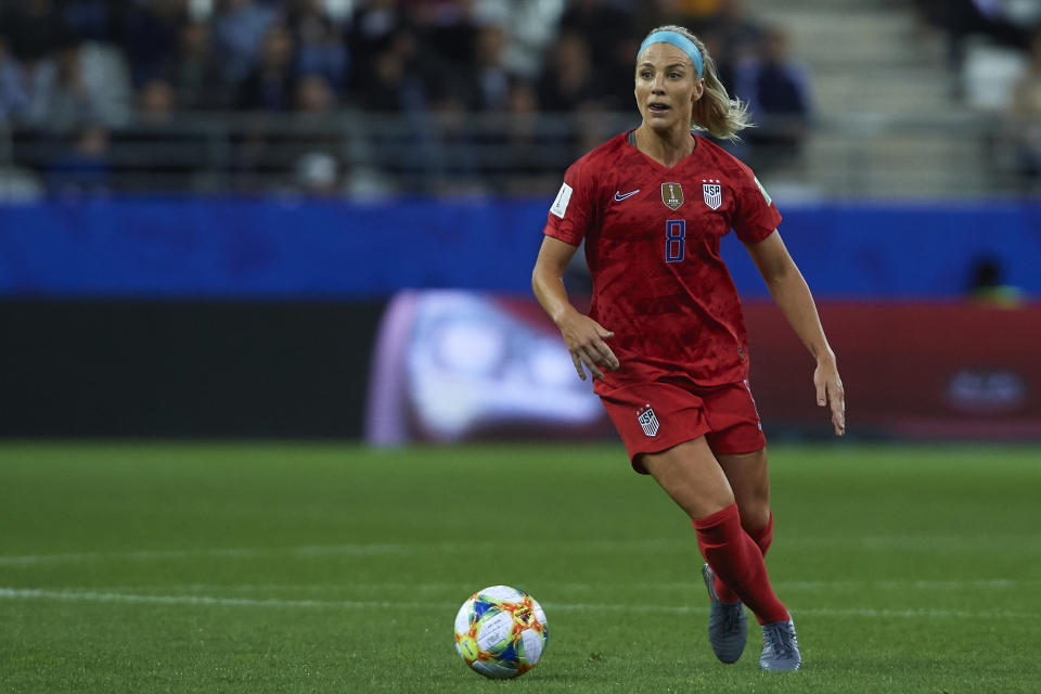 Julie Ertz of USA in action during the 2019 FIFA Women's World Cup France group F match between USA and Thailand at Stade Auguste Delaune on June 11, 2019 in Reims, France.