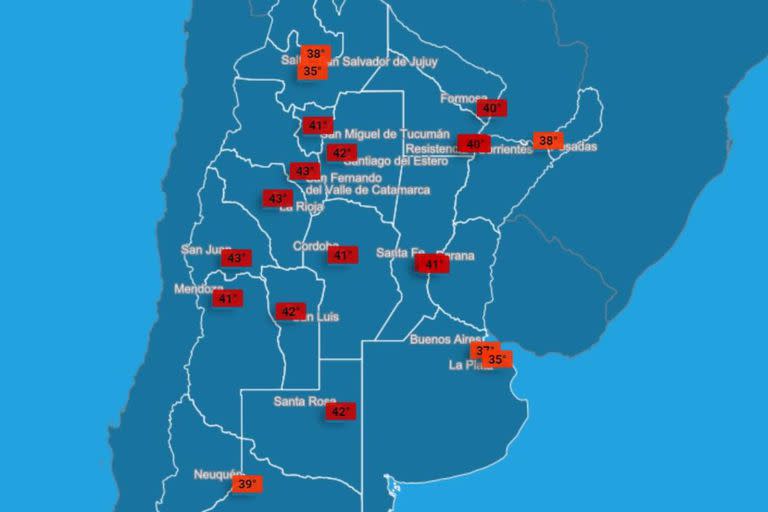 Las temperaturas máximas del centro y norte del país para este jueves, según el Servicio Metorológico Nacional