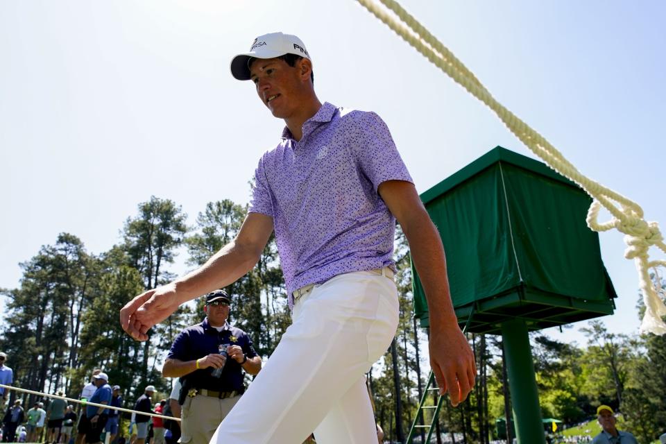 Apr 8, 2024; Augusta, Georgia, USA; Christo Lamprecht walks to the no. 7 tee box during a practice round for the Masters Tournament golf tournament at Augusta National Golf Club. Mandatory Credit: Katie Goodale-USA TODAY Network