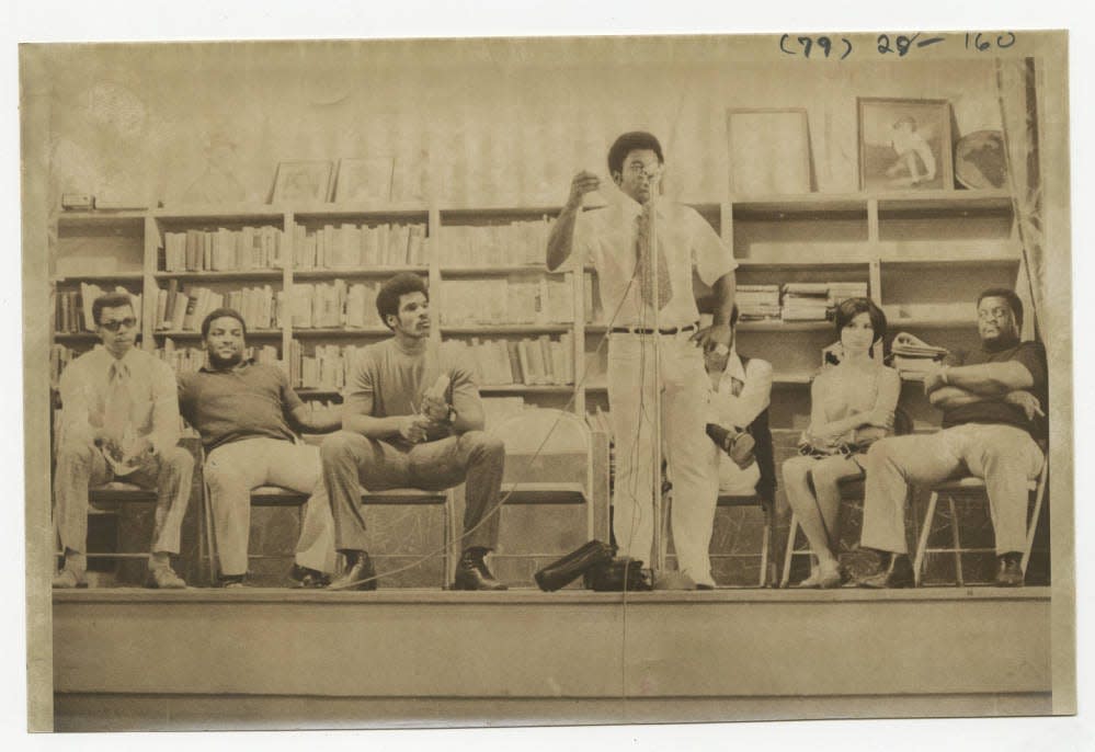 Michael Dunlap was fatally shot by Springfield police officer John D. Barnes in June of 1971. In this photograph a demonstration is being held by community members in protest of Dunlap's death.