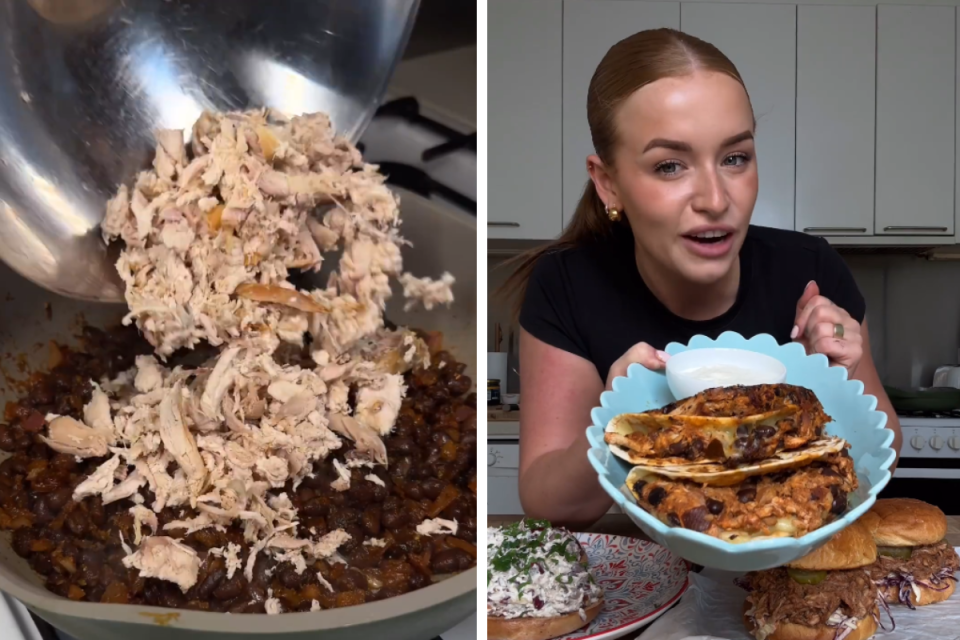 L: Roast chicken being poured into a pan. R: Jasmin holding a bowl of tacos made from one roast chook