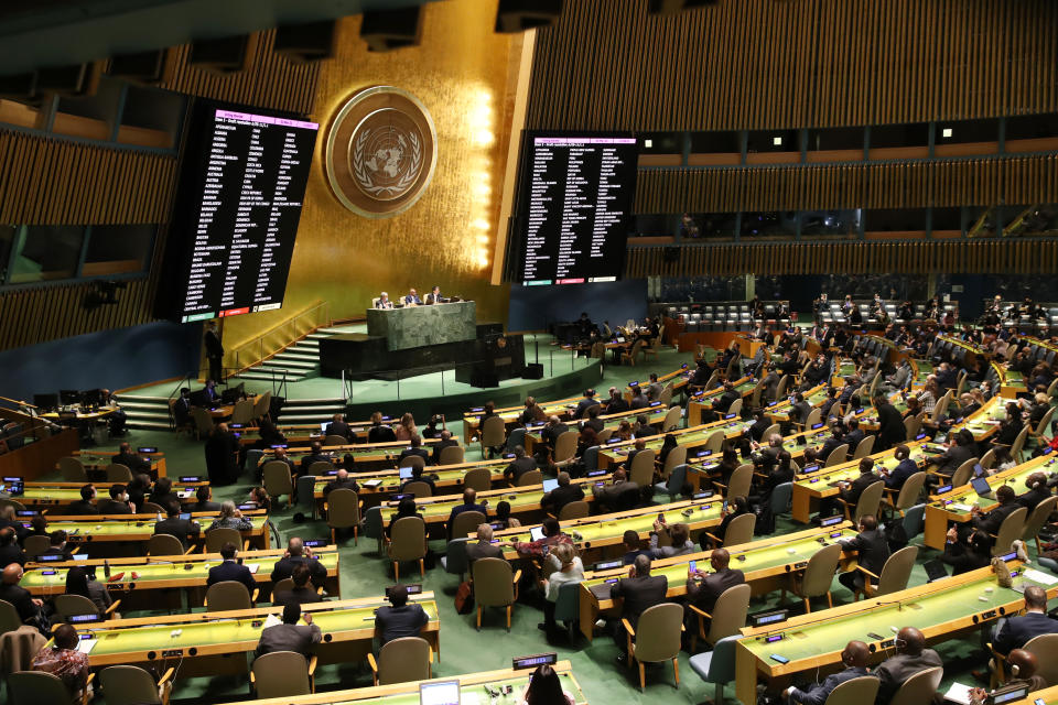 NEW YORK, NEW YORK - MARCH 02: Voting takes place at the United Nations General Assembly during a special session on the violence in Ukraine on March 02, 2022 in New York City. Members voted overwhelmingly for a non-binding resolution that condemns Russia for its invasion of Ukraine and demands that Russia immediately withdraw its forces from Ukraine.  (Photo by Spencer Platt/Getty Images)