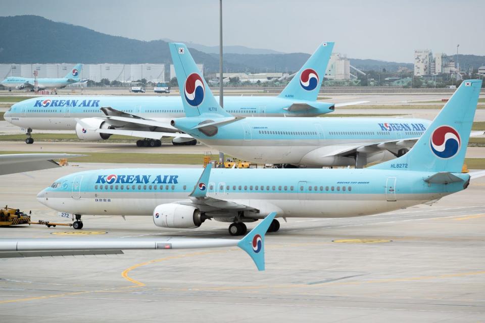 Korean Air jets fill the ramp at the airline's Seoul-Incheon International Airport hub in South Korea on a cloudy day in July, 2019.