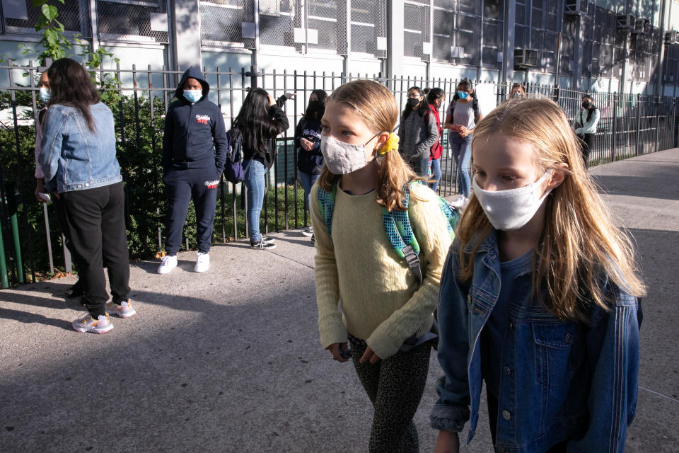 Lydia Hassebroek before her first day of in person school at I.S. 318, amid the coronavirus disease (COVID-19) outbreak in Brooklyn, New York, U.S. October 1, 2020. REUTERS/Caitlin Ochs