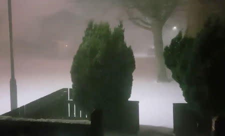 Strong winds and snow are seen in Northumberland, Britain February 28, 2018 in this still image taken from a video obtained from social media. Nicola Jackson/via REUTERS