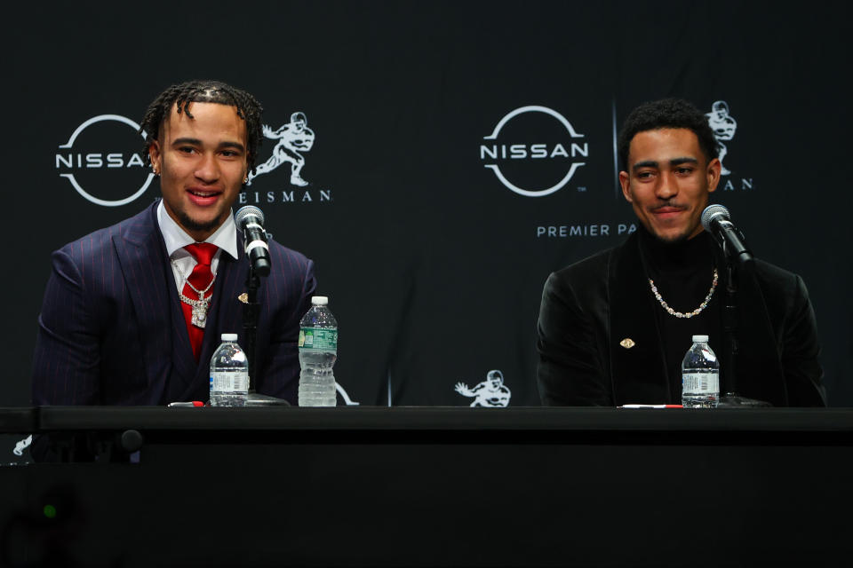 NEW YORK, NY - DECEMBER 11:  Quarterback C.J. Stroud from Ohio State and quarterback Bryce Young from Alabama during The Heisman Trophy finalists press conference at  the Marriott Marquis in New York on December 11, 2021 in New  York City, NY.  (Photo by Rich Graessle/Icon Sportswire via Getty Images)