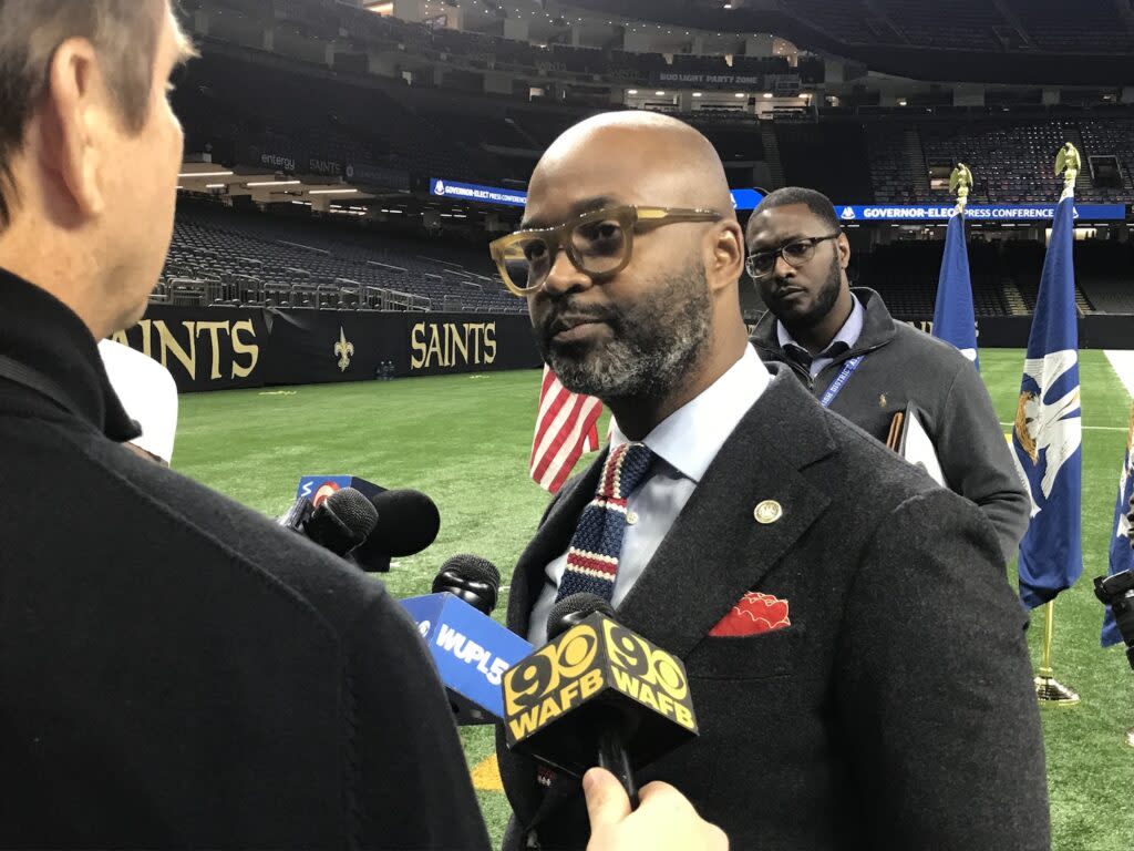 Orleans Parish District Attorney Jason Williams speaks with reporters after a Nov. 29, 2023 press conference Gov.-elect Jeff Landry held at the Superdome in New Orleans.