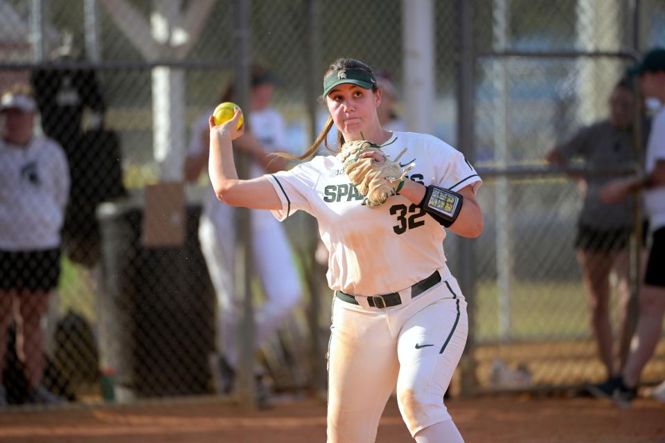 Michigan State infielder Alexis Barroso (32) during an NCAA softball game against Virginia Tech on Saturday, Feb. 12, 2022, in Leesburg, Fla.