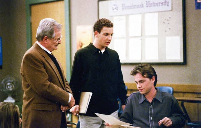 Mr. Feeny looking at Cory and Shawn in the classroom