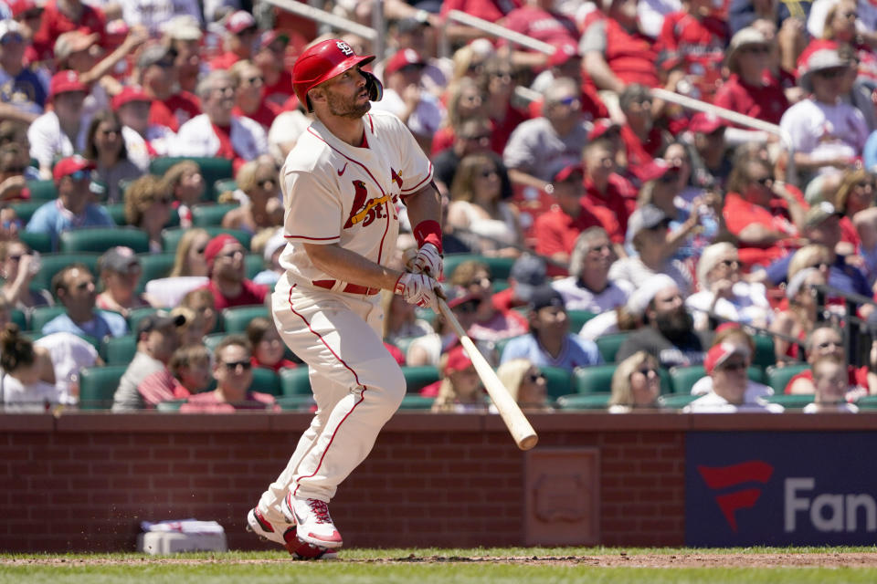 St. Louis Cardinals' Paul Goldschmidt watches his three-run home run during the third inning of a baseball game against the Milwaukee Brewers Saturday, May 28, 2022, in St. Louis. (AP Photo/Jeff Roberson)